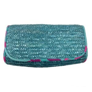 Ralph Lauren Straw Makeup Bag Clutch Turquoise Floral Lined Snap Closure Beachy